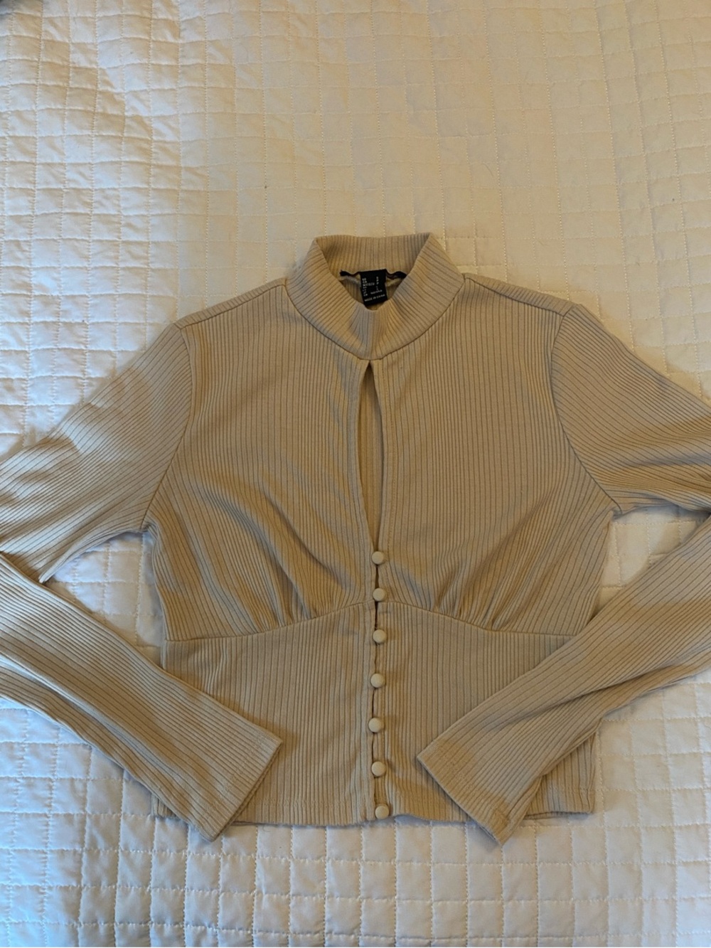 Forever 21 Beige Ribbed Mock Neck Button-Front Long Sleeve Top
